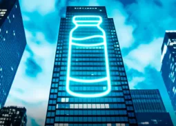 Vaccines for Life – a glowing graphic of a medicine ampule on the side of an office tower block