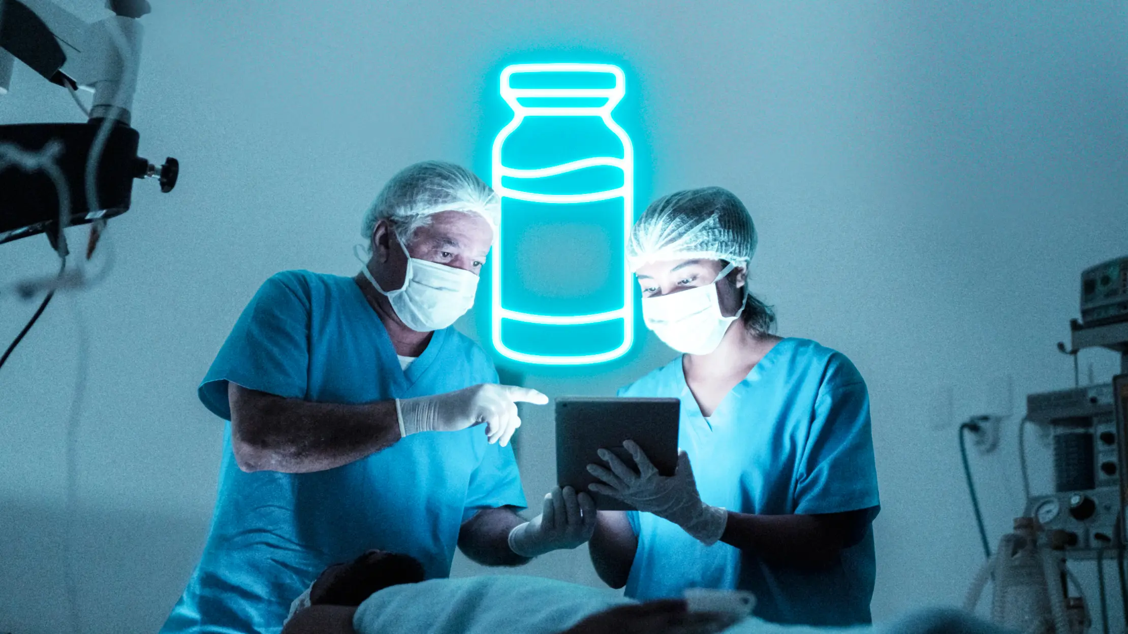Two doctors in an operating theatre, with a glowing graphic of a medicine ampule behind them